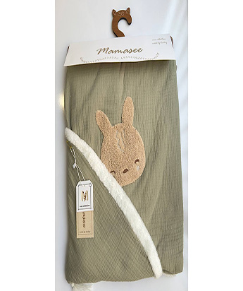 پتو دورپیچ موسلین کلاه دار نوزادی طرح خرگوش ماماسی