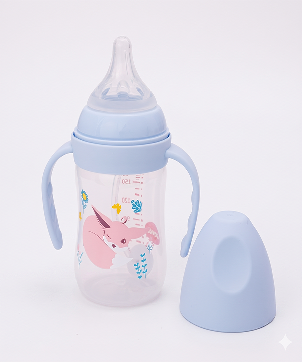 شیشه شیر 180 میل دسته دار طرح روباه رنگ آبی رووکو Rovco